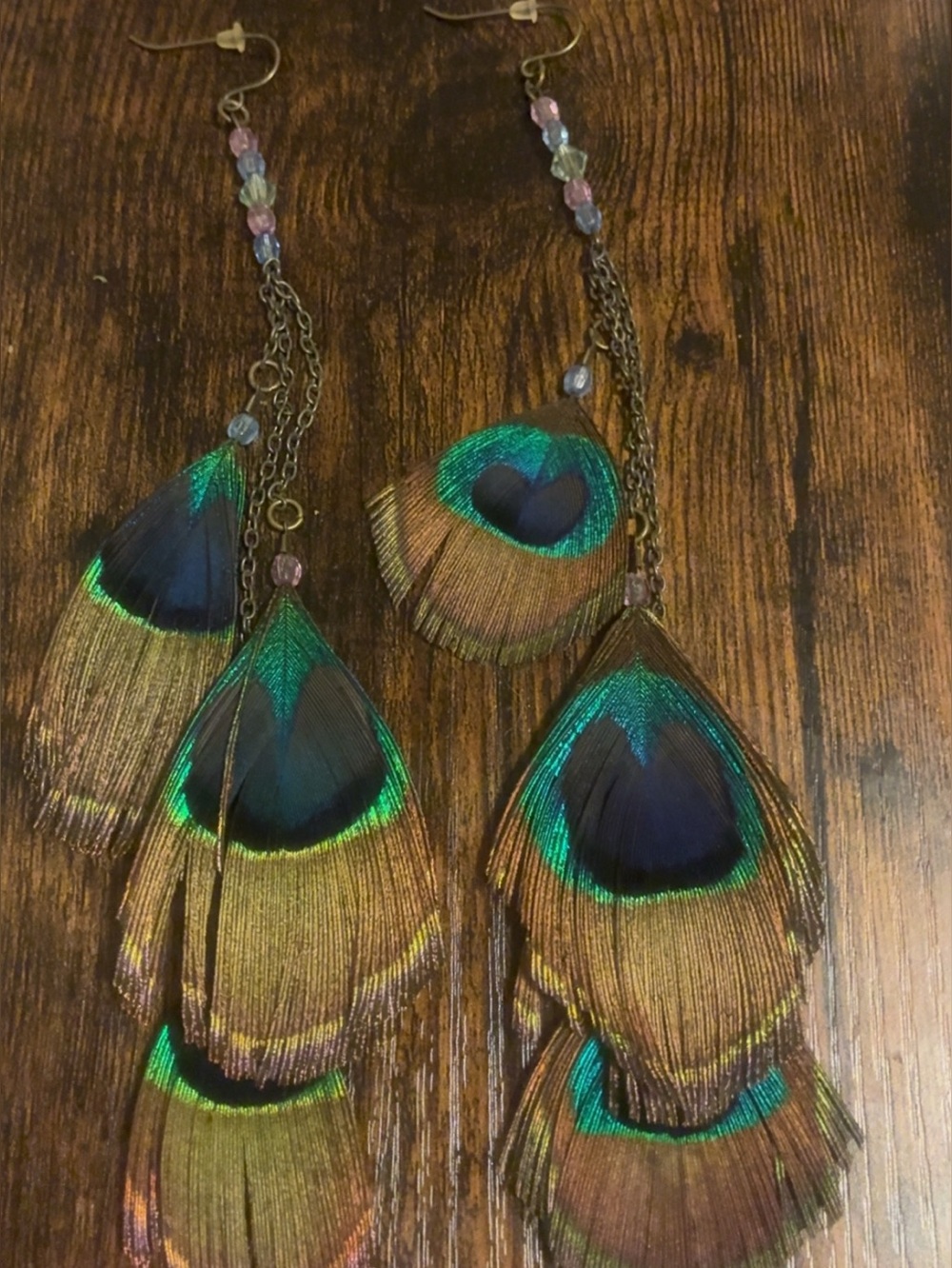 Peacock Feather Drop Earrings - Green & Blue